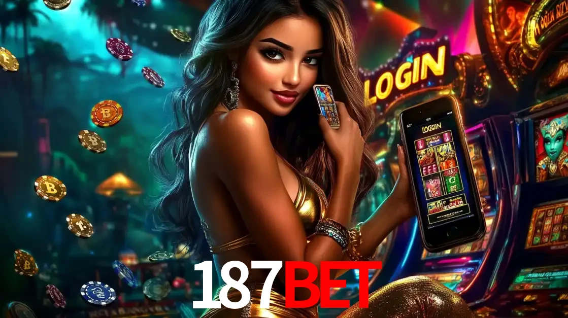 Mulher em um cenário de cassino temático de aventura, mostrando o app de caça-níqueis da 187BET no celular. Fichas de apostas flutuam ao redor.